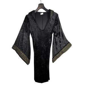Vtg Black Crush Velvet Hooded Dress Gold Gothic Cosplay Ren Fair Gothic Witchy